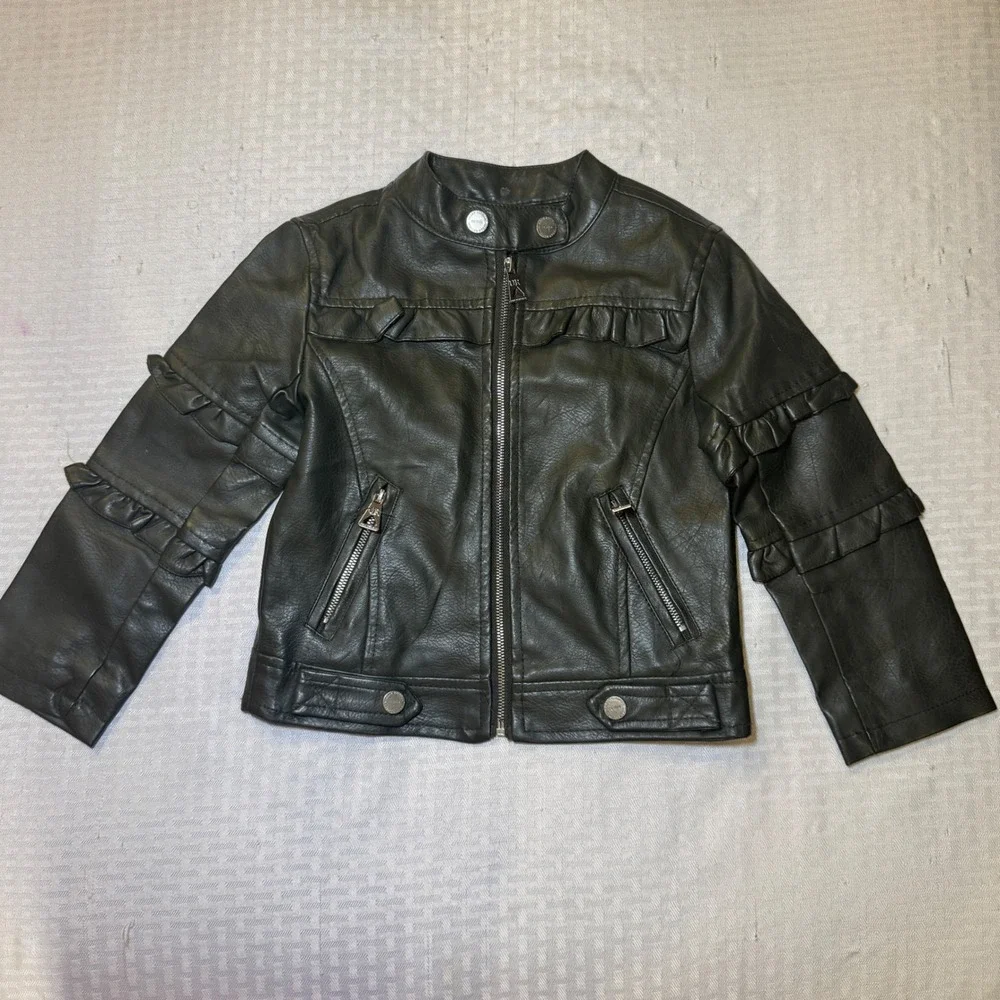 Urban Republic Girls Olive Green Faux Leather Ruffle Moto Jacket 4T 5906